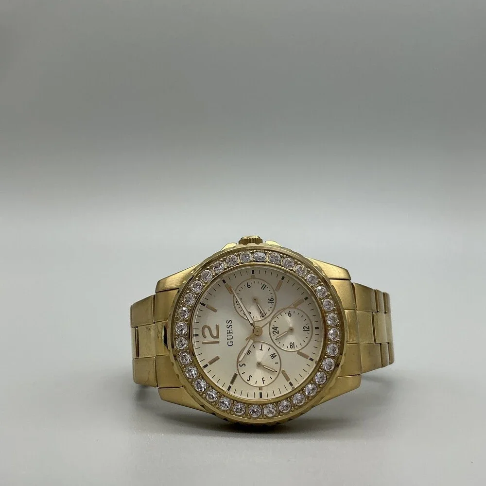 Guess U12005L1 Womens Watch 37mm Gold Tone Crystals Day Date New Battery 6.25